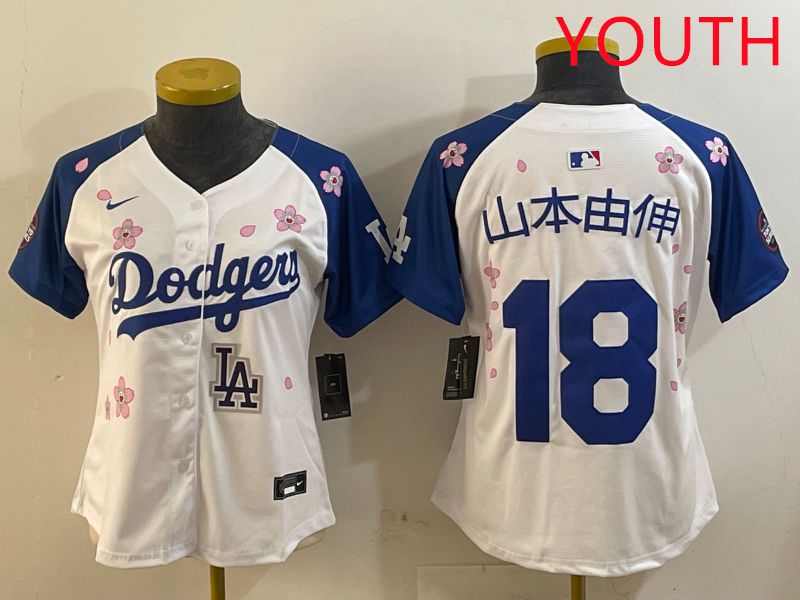 Youth Los Angeles Dodgers #18 Yamamoto White Blue Sakura Edition 2025 Nike MLB Jersey style 18